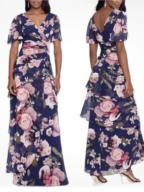 Xscape Navy Maxi Dress with Pink Floral Print